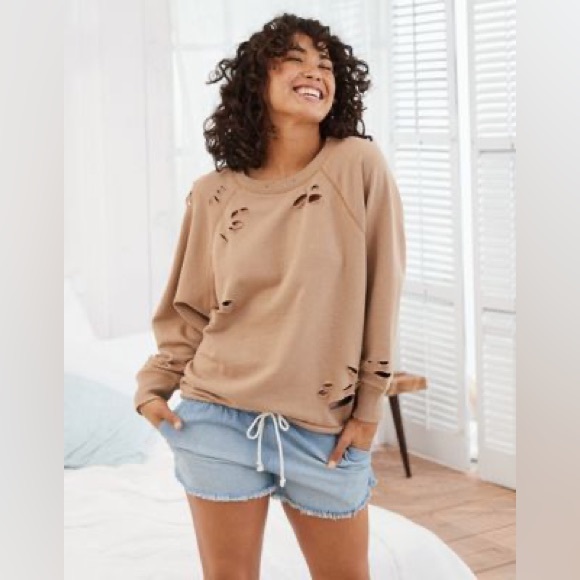 aerie Sweaters - Aerie Distressed Sweater Pullover Sweatshirt Tan Brown Size XS